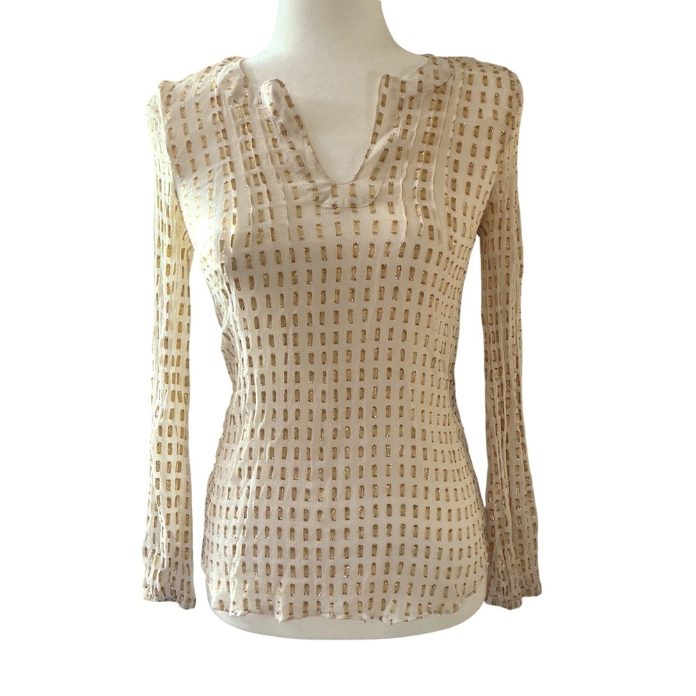 Lilly Pulitzer Silk Metallic Gold Clip Dot Blouse XS Ivory Sheer Boho Glam 92254